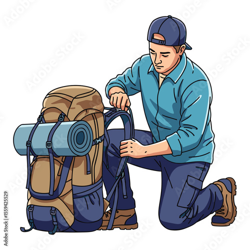 Man Preparing Hiking Backpack Ready for Adventure Trip Isolated Vector Illustration