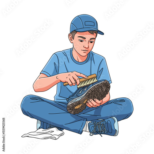 Boy Cleaning Sport Shoe with Brush at Home - Shoe Cleaning and Care Concept
