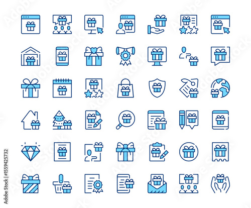 Gift icons. Vector line icon set. Modern outline design. Blue concept