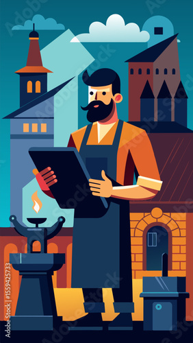 The towns blacksmith can be seen using a tablet to design intricate metalwork merging modern technology with ancient craft.. Vector illustration
