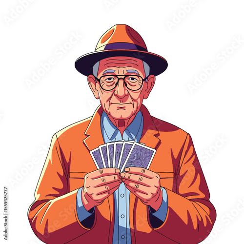 Senior Man Holding Cards in Orange Jacket, Focused Leisure Activity Illustration, Aged Person