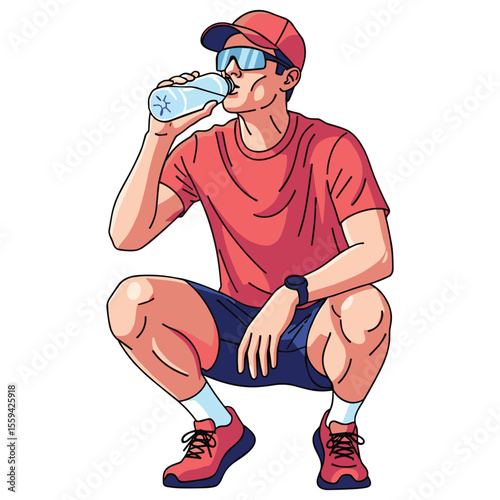 Thirsty athletic man drinking water after exercise, cartoon vector illustration for hydration