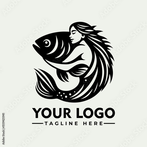 Serene mermaid cradling a large fish, stylized logo design in monochrome.