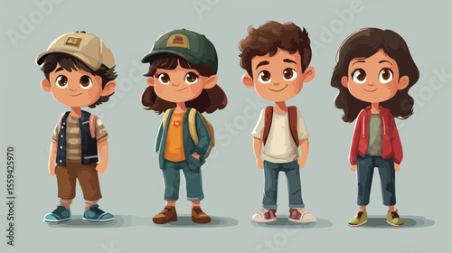 Four Kids Character Flat Vector Illustration