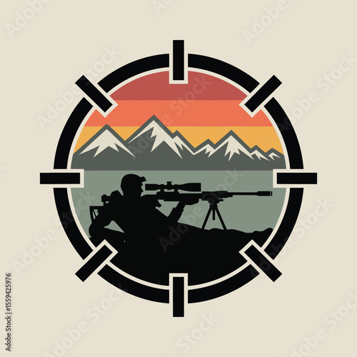 Silhouette of a sniper aiming a rifle in a mountain landscape at sunset