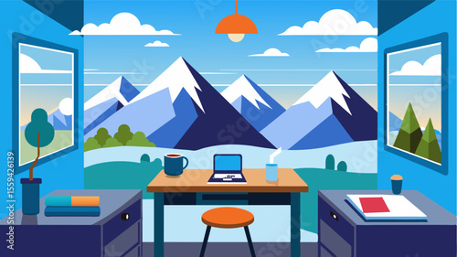The kitchen table transformed into a temporary office space with a view of the snowy mountains in the distance.. Vector illustration