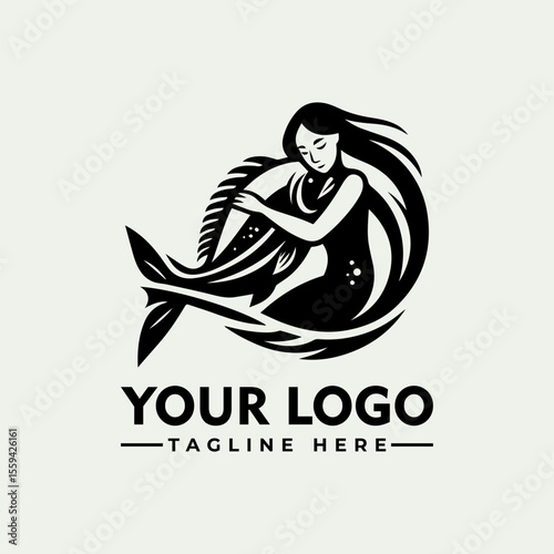 Black and white logo design featuring a mermaid embracing her tail.