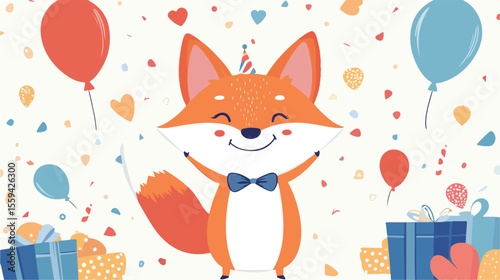 Fox Animal Birthday Party Flat Vector Illustration