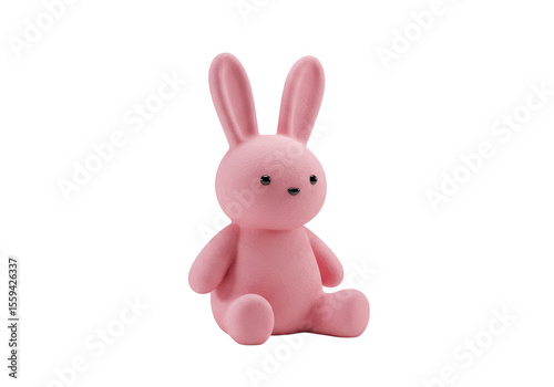 A cute pink plush bunny rabbit toy sits isolated on transparent background