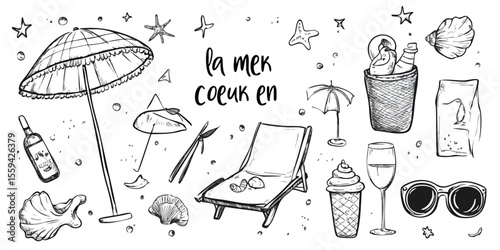 Hand-drawn beach scene with umbrella, chairs, food, and drinks