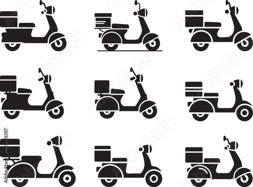 Set of Delivery Scooter Icons in Black and White