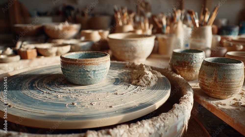 Fototapeta premium Crafting Beautiful Pottery in Well-Lit Artisan Studio with Clay and Tools