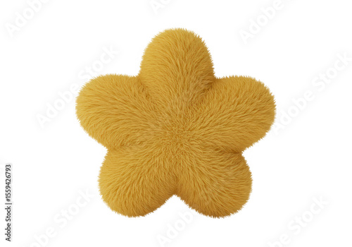 A fluffy yellow starshaped plush toy is isolated on transparent background