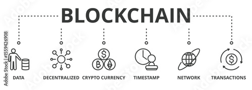 Blockchain banner vector illustration concept with icon of data, decentralized, crypto currency, timestamp, network and transactions