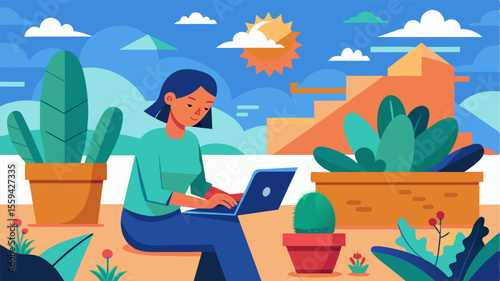 On a pictureperfect day the freelancer takes advantage of their rooftop garden to soak up some vitamin D while addressing emails surrounded by blooming cacti and succulents.. Vector illustration