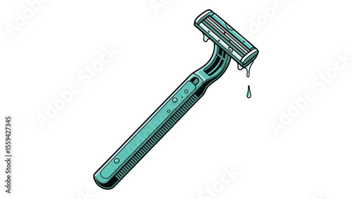 Illustration of a teal disposable razor with water droplets on a white background for personal