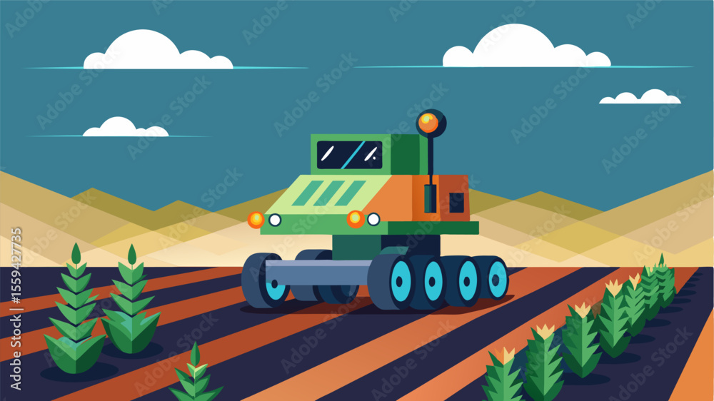 Fototapeta premium A tingedge robotic planter that can work tirelessly day and night covering vast areas of farmland in a fraction of the time it would take a human.. Vector illustration