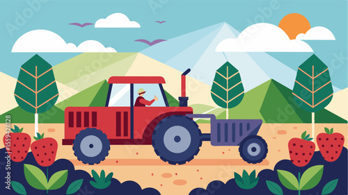 A selfpropelling machine combining the capabilities of a tractor and a berry picker effortlessly moving through the fields.. Vector illustration