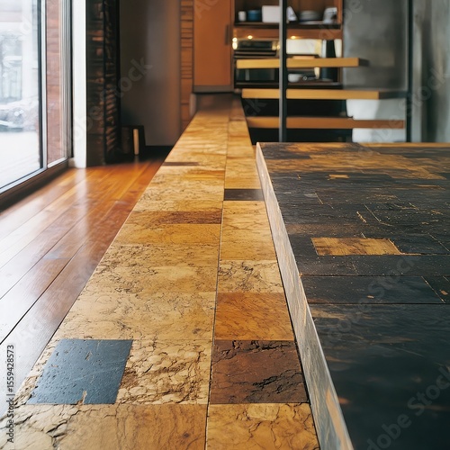 Green building materials including cork flooring, non-toxic adhesives, salvaged wood panels, recycled steel frames, and locally sourced stone for low-impact urban development
