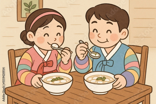 happy family eating meal 명절에 떡국을 먹는 사람들 여자남자  
