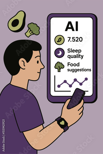 Flat Vector Illustration of Person Using AI Health App with Step Count, Sleep Quality, and Food Suggestions