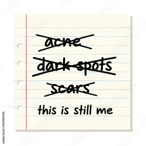 Handwritten Note with Crossed Out Skin Imperfections and Self-Acceptance Message of Identity