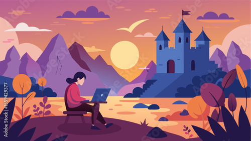 As the sun rose over the crumbling walls a digital nomad started their work day from an abandoned castle surrounded by an aura of mystery and history.. Vector illustration