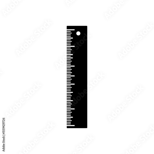 Isolated image of a ruler with measuring increments and a hole at the top for hanging tool