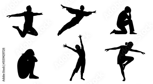 Collection of dynamic human figures in various poses including jumping and kneeling silhouettes shown here