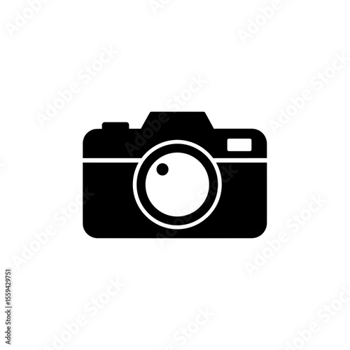 Illustration depicting a photographic device with a lens and a rectangular body design featured centrally