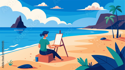 Finding a peaceful spot on the sandy beach the freelancer sets up her easel and paints the stunning coastal landscape.. Vector illustration