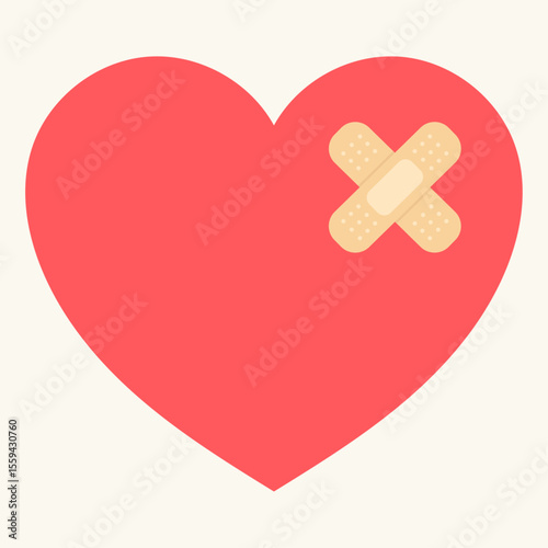 A red heart with an adhesive plaster. Symbolizes heartbreak, emotional healing, getting over a breakup, love hurts, and self care