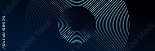 Blue abstract background with glowing circles. Swirl circular lines pattern. Geometric spiral. Twirl element. Modern graphic design. Futuristic technology concept.