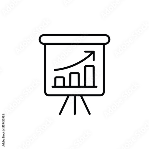 Line art icon of a presentation board showing upward trending bar graph