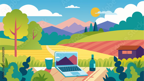 The perfect marriage of work and leisure a laptop is out of place on a rural vineyard terrace yet perfectly at home amidst the natural beauty.. Vector illustration