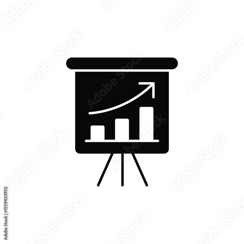 Black icon of a presentation board displaying an upward trending bar graph.