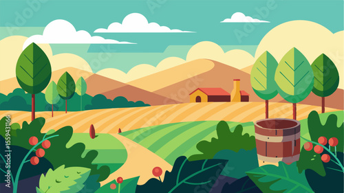 The gentle rustling of g leaves and a warm breeze create a peaceful ambiance for a stressfree and productive workday in the vineyard.. Vector illustration