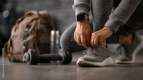 Wallpaper Mural Fitness Enthusiast Tying Shoelaces Before Workout in Gym Environment Torontodigital.ca