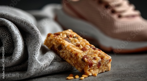 Wallpaper Mural Nutritious Snack Bar Next to Sports Shoe and Grey Fabric Background Torontodigital.ca