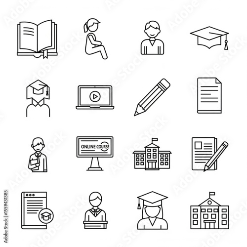 Education and online learning icons. Includes books, students, graduation cap, online course, pencil, and school building.

