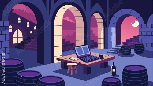 The normally quiet cloisters are filled with the sound of typing as a laptop hums on a makeshift table made of stacked barrels.. Vector illustration