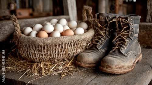 Wallpaper Mural Rustic Pair of Work Boots Next to a Basket of Fresh Farm Eggs Torontodigital.ca