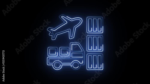 glowing neon shipping icon isolated, black background, hd motion graphic animation