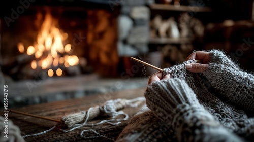Wallpaper Mural Cozy Knitting Hands by the Fireplace with Warm Glow and Textured Yarn Torontodigital.ca