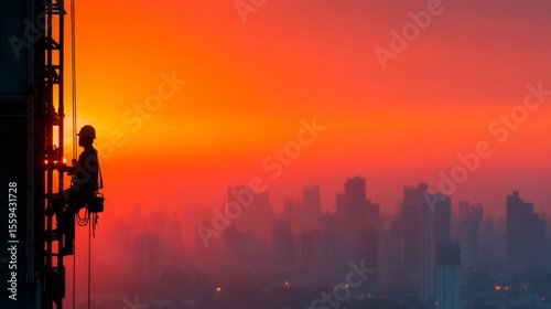 Wallpaper Mural Worker Climbing Tower Against Vibrant Sunset Skyline in Urban Setting Torontodigital.ca