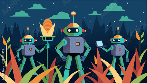 A team of robots equipped with advanced optical sensors scan a field of corn identifying which plants need pollination and expertly delivering pollen to each individual tassel.. Vector illustration