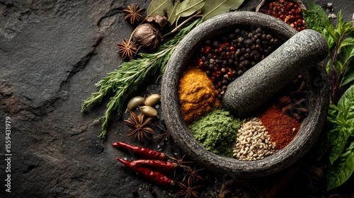 Wallpaper Mural Vibrant Collection of Fresh Spices and Herbs in Mortar on Dark Stone Surface Torontodigital.ca