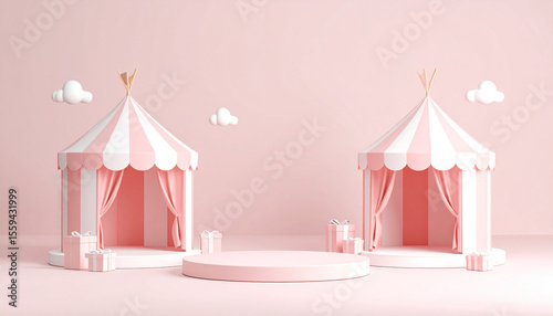 Space concept for product exhibition with cute tent against soft pastel color background.
