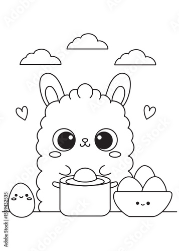 Coloring book alpaca baking with cupcake and bowl.