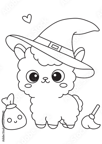 Coloring book alpaca in witch costume with potion and broom.